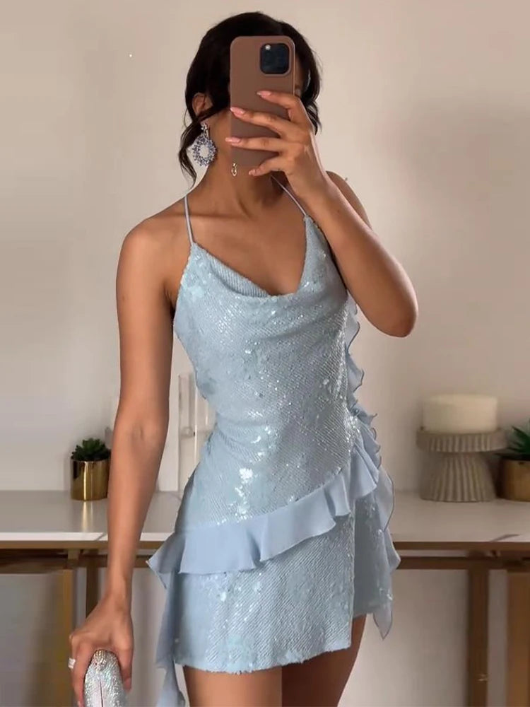 Women Sequin Draped Mini Dress