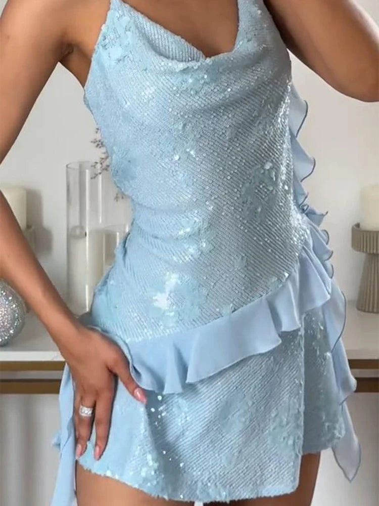 Women Sequin Draped Mini Dress