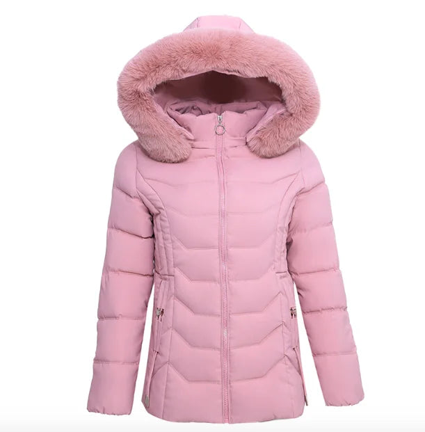 Pink winter coat with fur hood on a white background