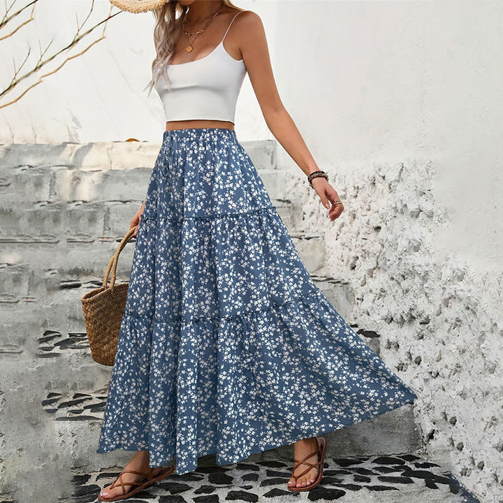 Women's Blue Floral Print Tiered Maxi Skirt