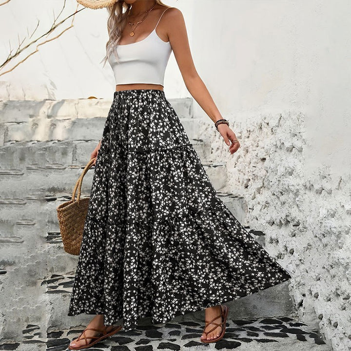 Women's Blue Floral Print Tiered Maxi Skirt