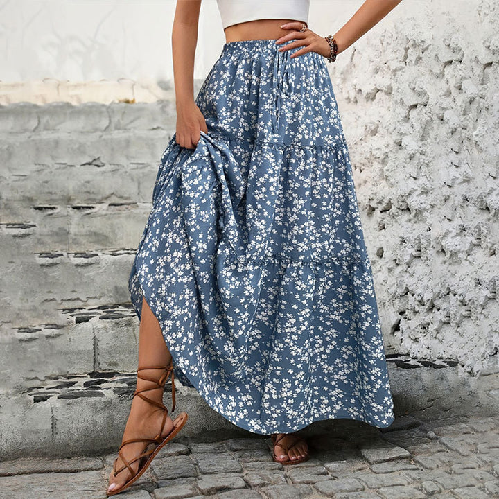 Women's Blue Floral Print Tiered Maxi Skirt