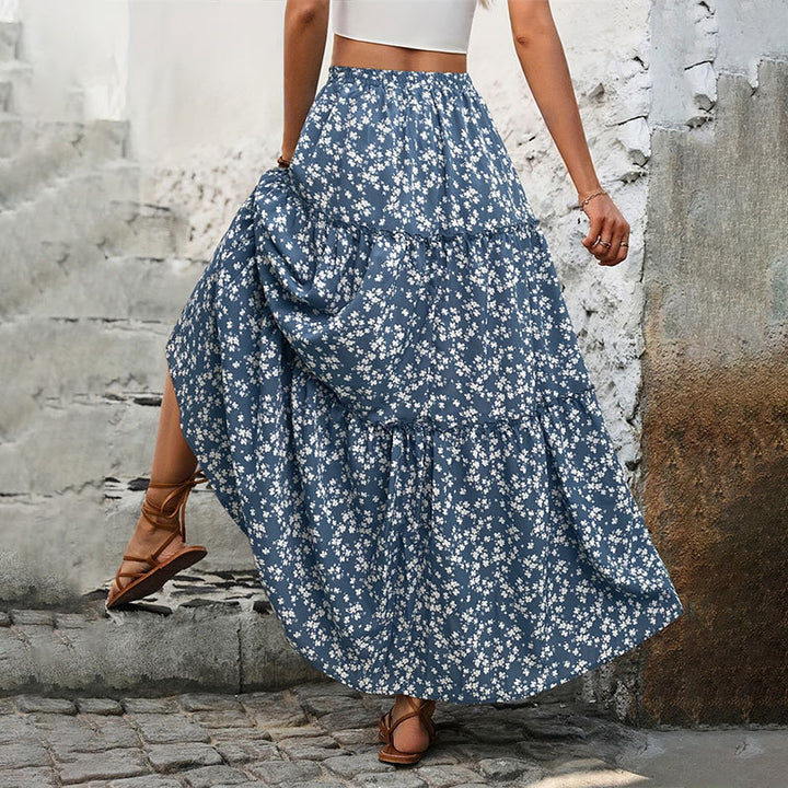 Women's Blue Floral Print Tiered Maxi Skirt
