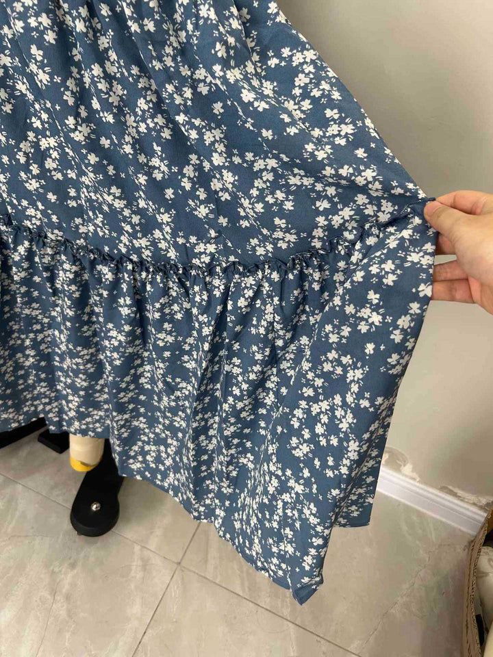 Women's Blue Floral Print Tiered Maxi Skirt