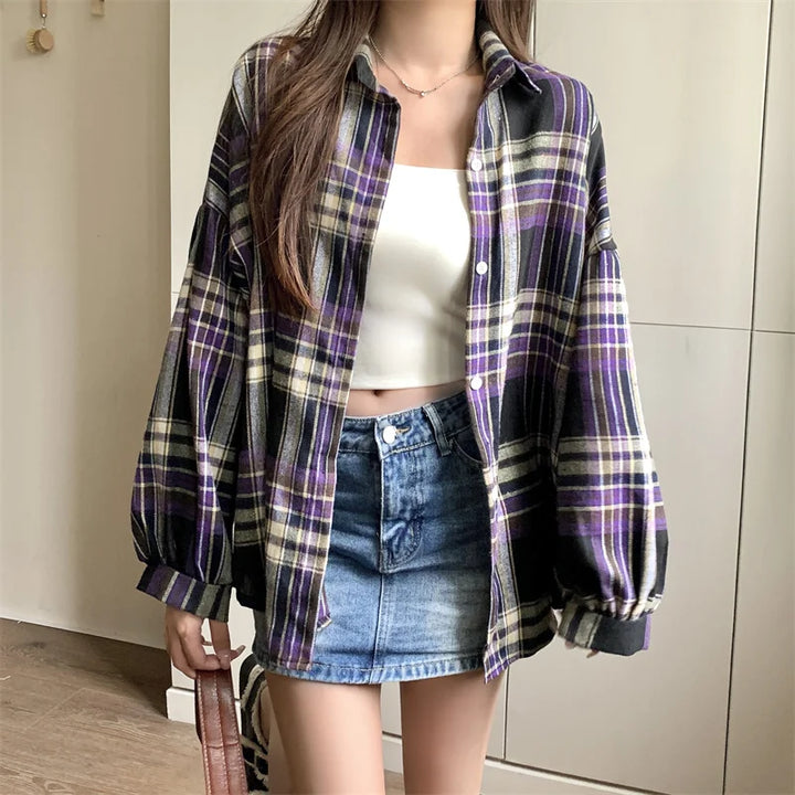  Women's Purple Plaid Puff Sleeve Shirt