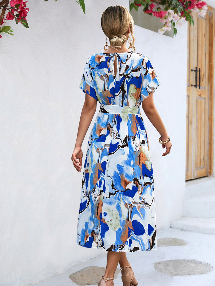 Womens Abstract Print Tie Waist Midi Dress