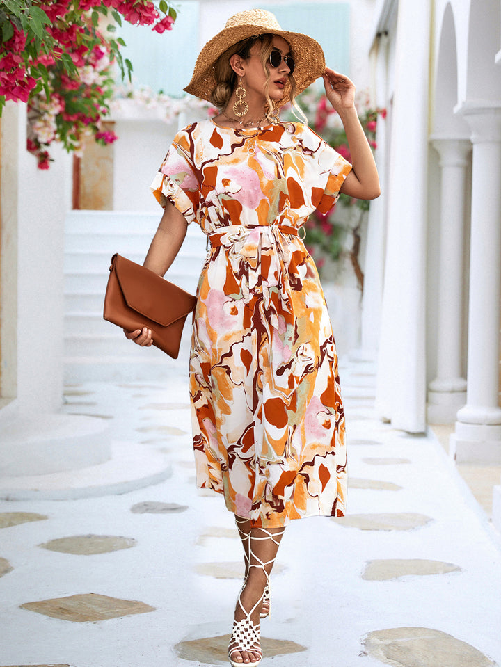 Womens Abstract Print Tie Waist Midi Dress