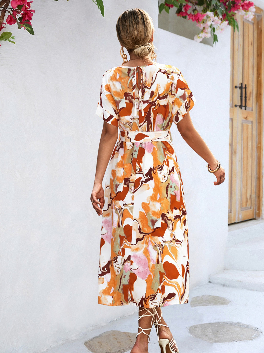 Womens Abstract Print Tie Waist Midi Dress