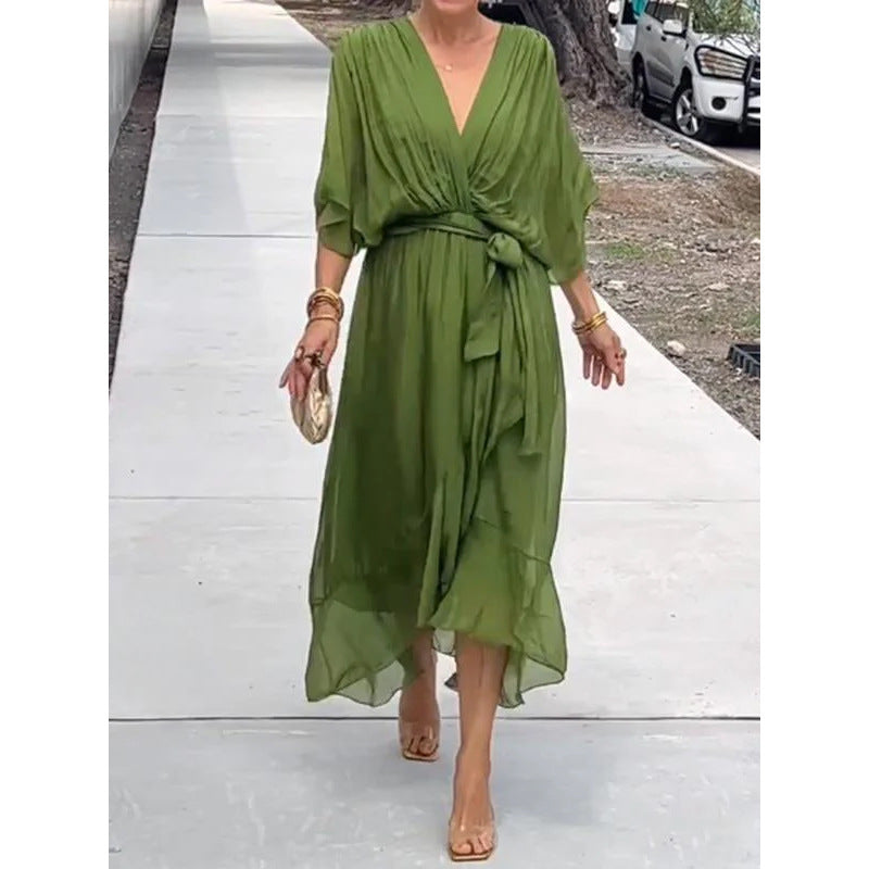 Womens Batwing Sleeve Tie Waist Midi Dress