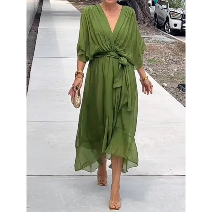 Womens Batwing Sleeve Tie Waist Midi Dress