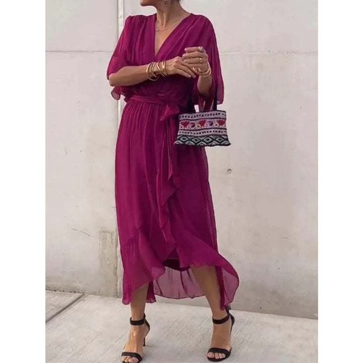 Womens Batwing Sleeve Tie Waist Midi Dress
