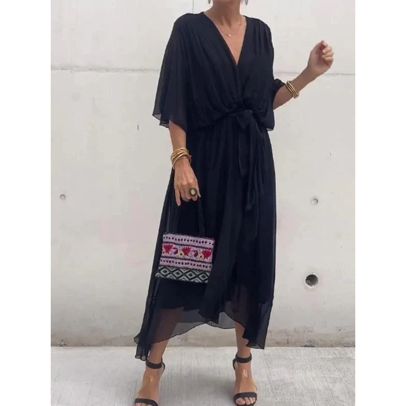 Womens Batwing Sleeve Tie Waist Midi Dress