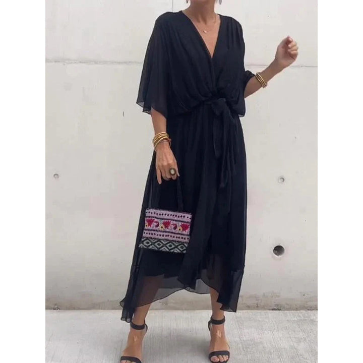 Womens Batwing Sleeve Tie Waist Midi Dress
