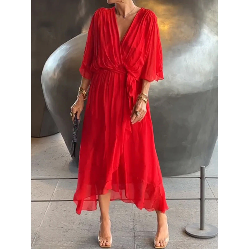 Womens Batwing Sleeve Tie Waist Midi Dress