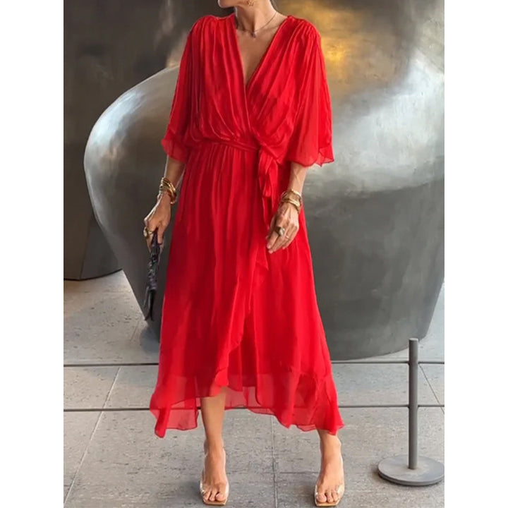 Womens Batwing Sleeve Tie Waist Midi Dress