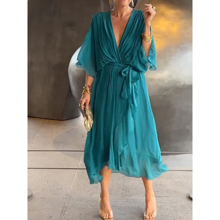 Womens Batwing Sleeve Tie Waist Midi Dress