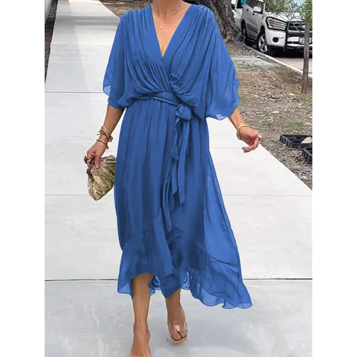 Womens Batwing Sleeve Tie Waist Midi Dress