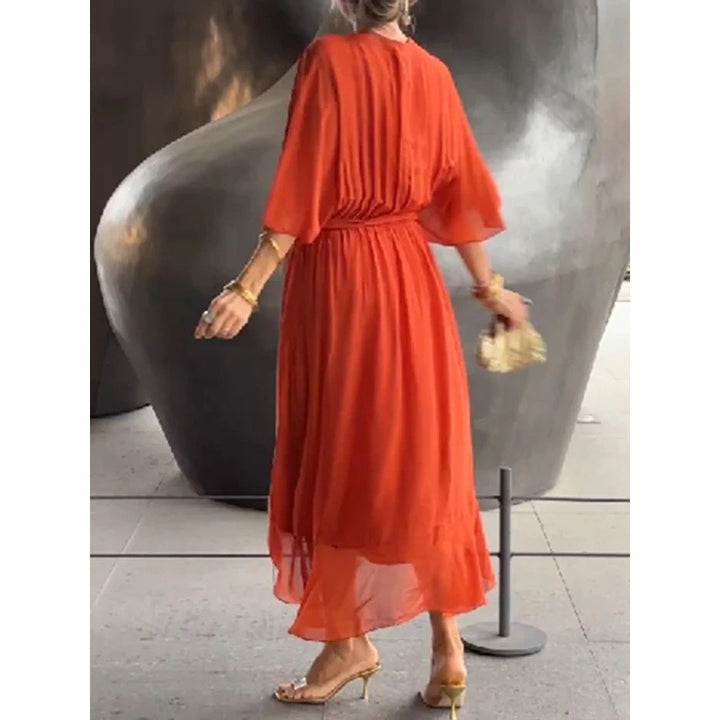 Womens Batwing Sleeve Tie Waist Midi Dress