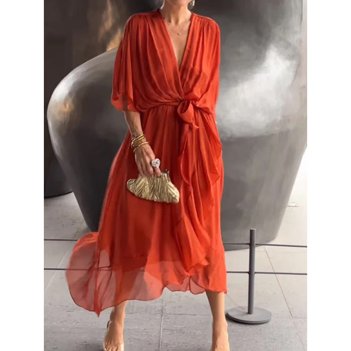 Womens Batwing Sleeve Tie Waist Midi Dress
