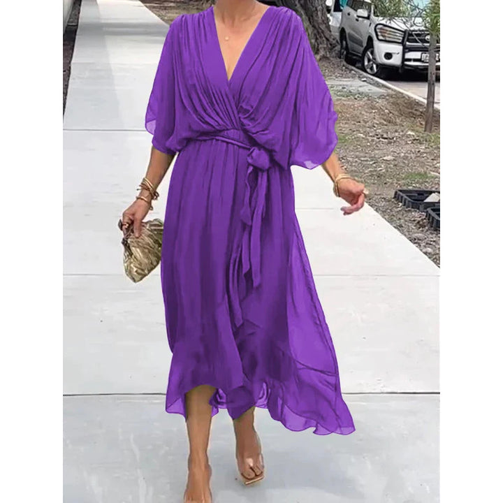 Womens Batwing Sleeve Tie Waist Midi Dress