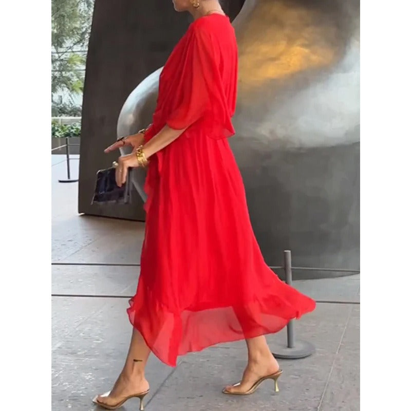 Womens Batwing Sleeve Tie Waist Midi Dress