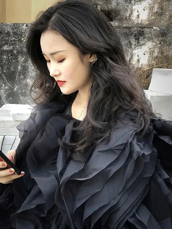 Womens Black Ruffle Chiffon Blouse