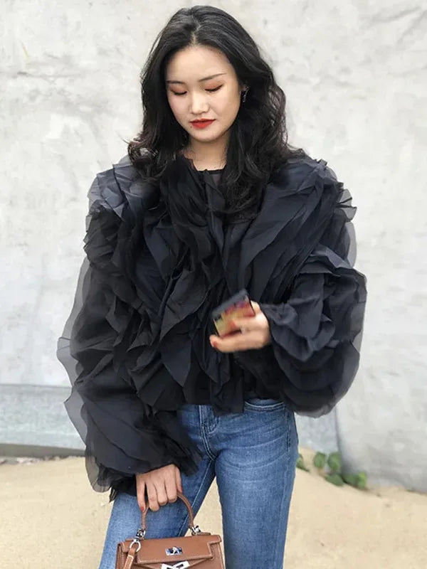 Womens Black Ruffle Chiffon Blouse