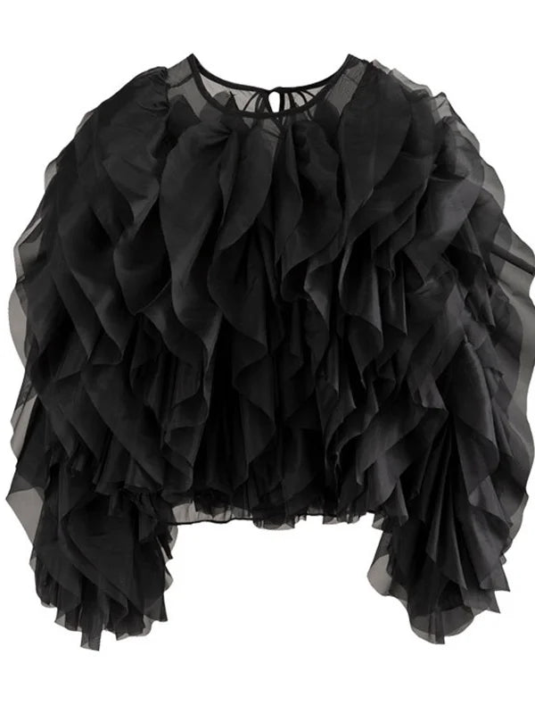 Womens Black Ruffle Chiffon Blouse