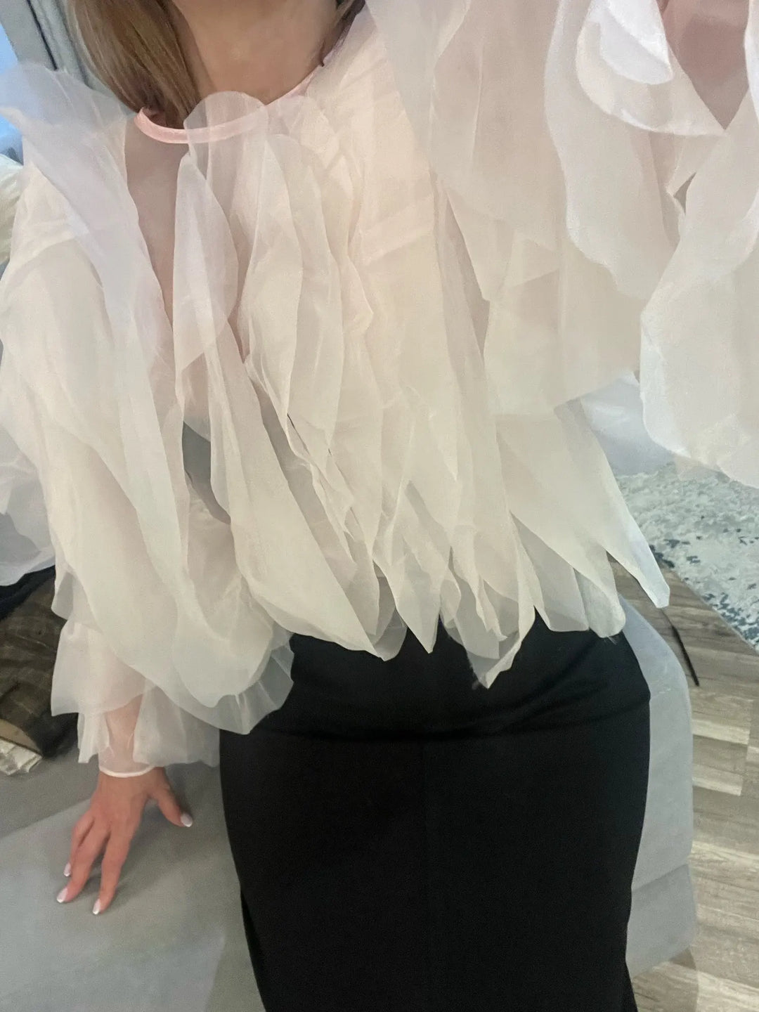 Womens Black Ruffle Chiffon Blouse