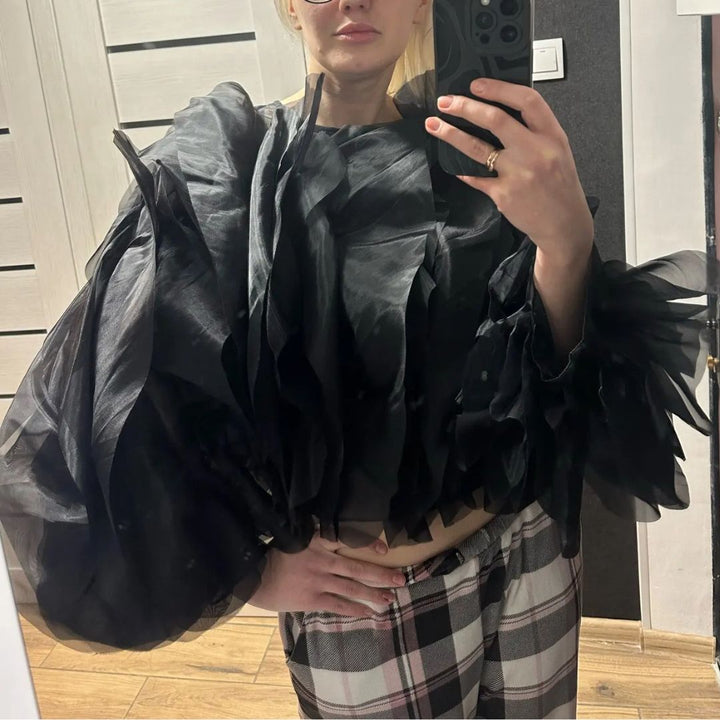 Womens Black Ruffle Chiffon Blouse