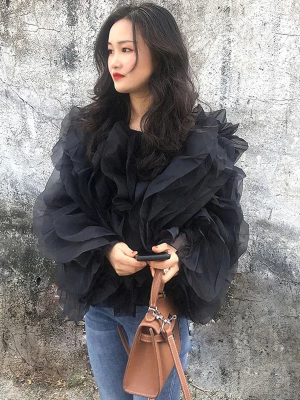 Womens Black Ruffle Chiffon Blouse