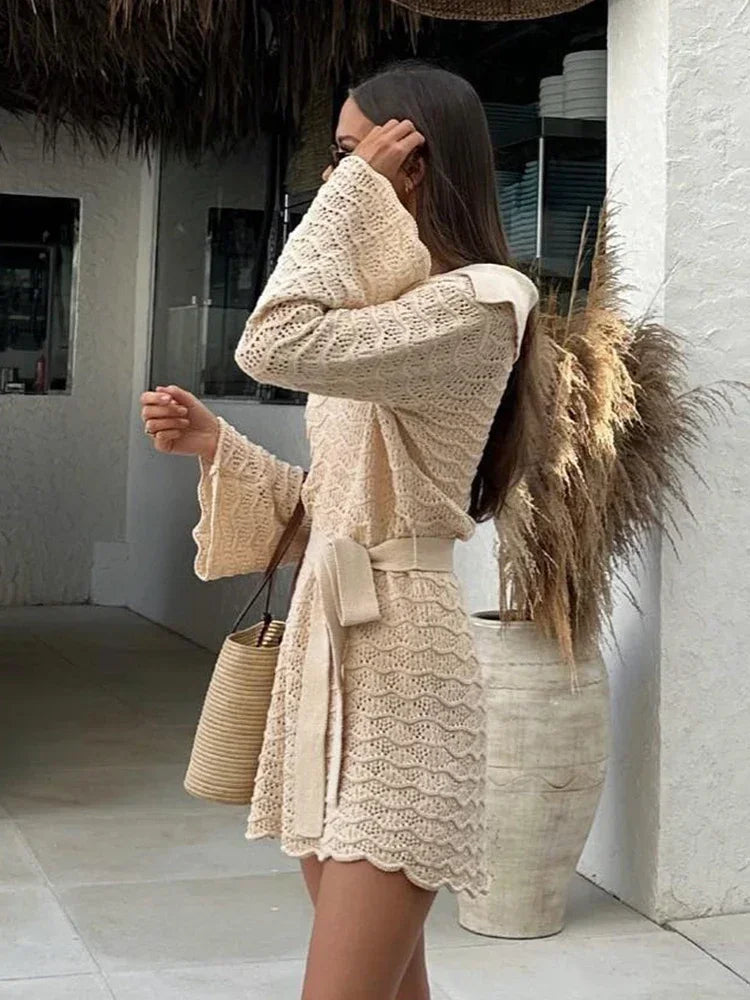 Womens Crochet Knit Belted Mini Dress