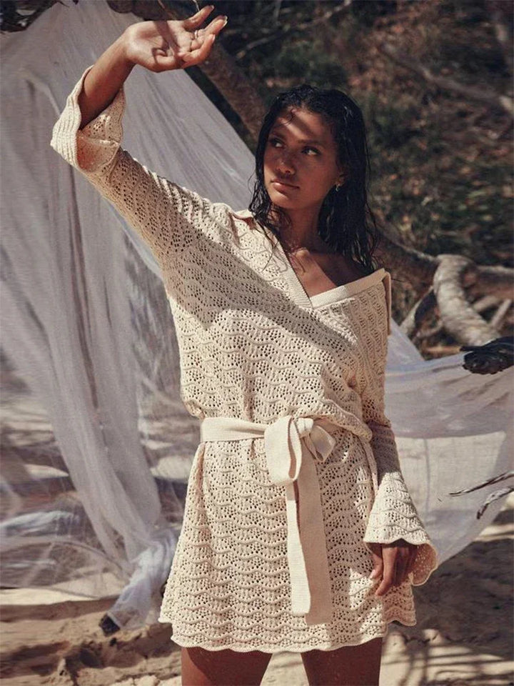 Womens Crochet Knit Belted Mini Dress