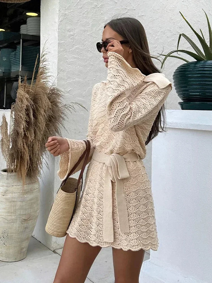 Womens Crochet Knit Belted Mini Dress