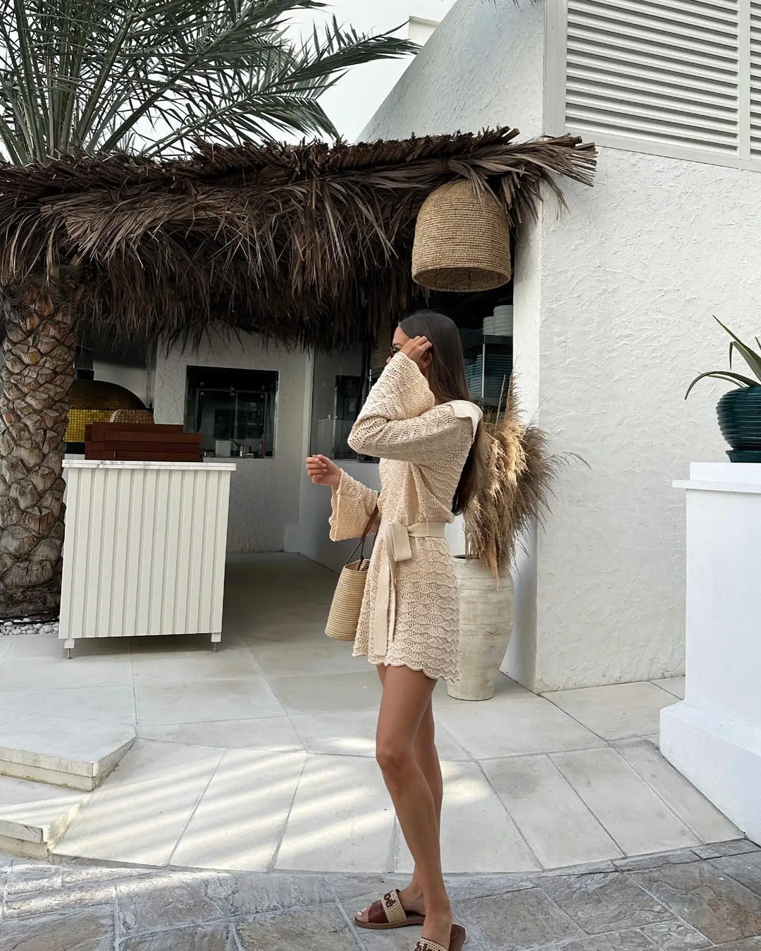 Womens Crochet Knit Belted Mini Dress