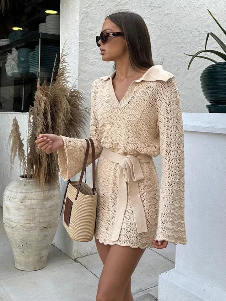 Womens Crochet Knit Belted Mini Dress