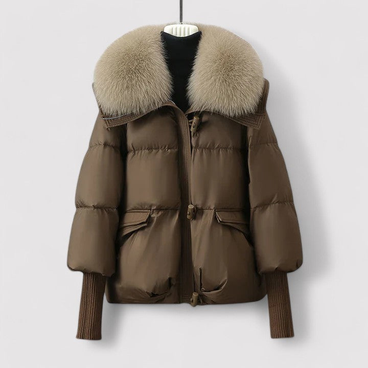 Brown puffer jacket with fur collar on a white background