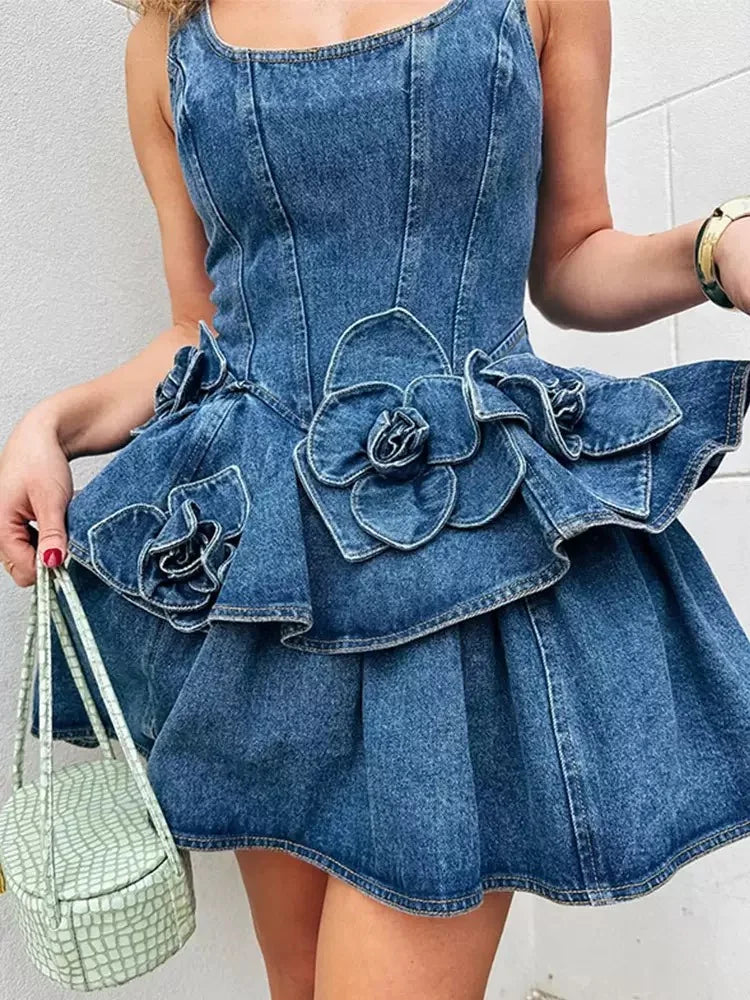  Womens Floral Denim Mini Dress
