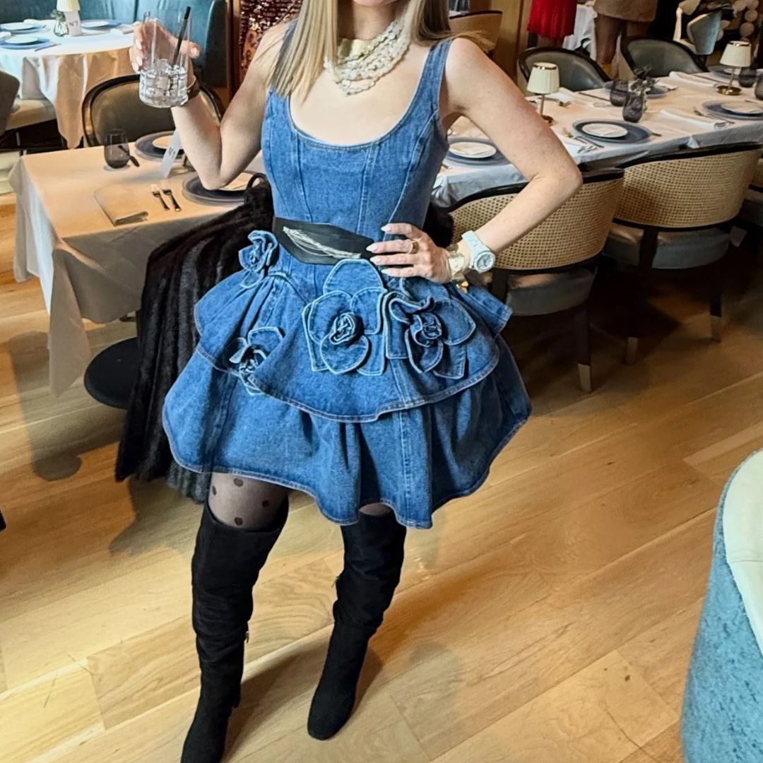  Womens Floral Denim Mini Dress