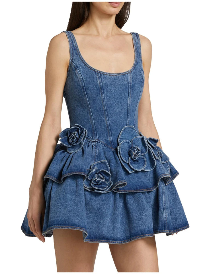  Womens Floral Denim Mini Dress