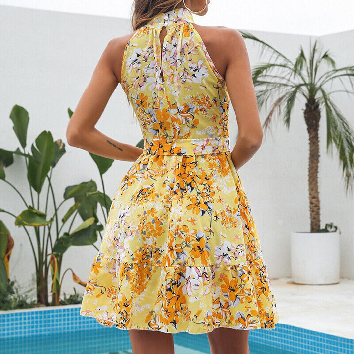  Womens Floral Halterneck Mini Dress