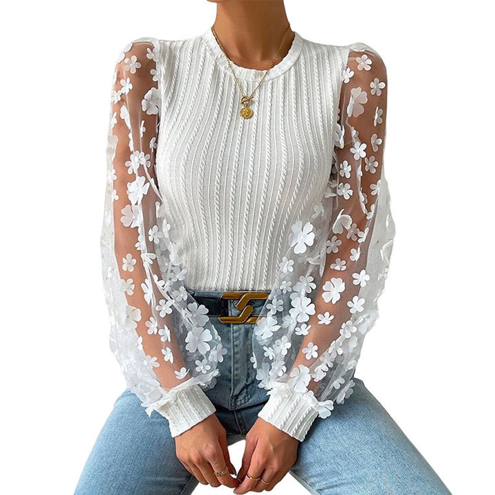 Womens Floral Mesh Sleeve Knit Top
