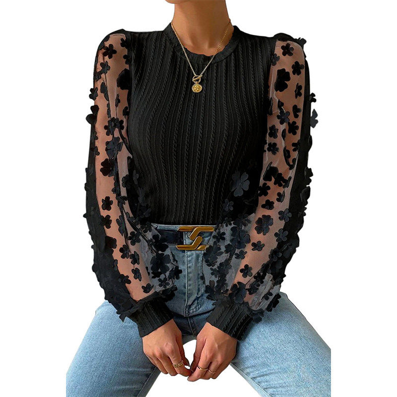 Womens Floral Mesh Sleeve Knit Top
