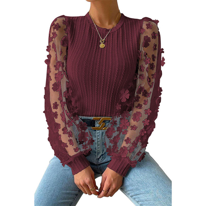 Womens Floral Mesh Sleeve Knit Top