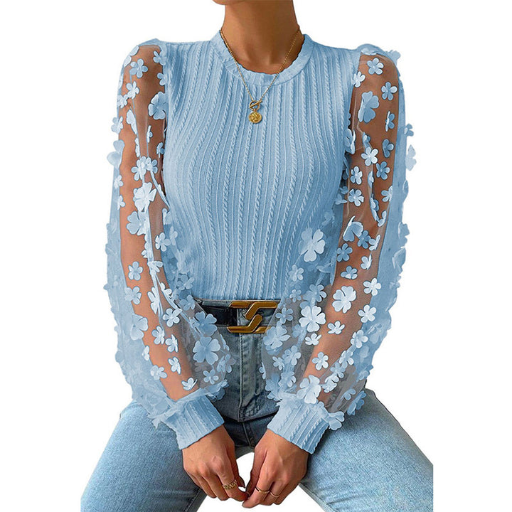 Womens Floral Mesh Sleeve Knit Top
