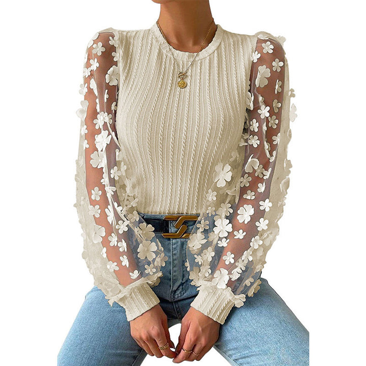 Womens Floral Mesh Sleeve Knit Top