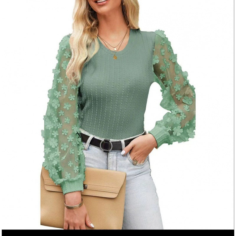Womens Floral Mesh Sleeve Knit Top