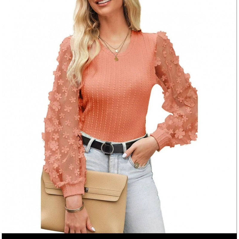 Womens Floral Mesh Sleeve Knit Top