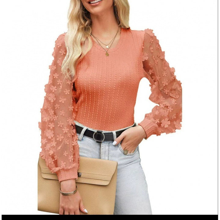 Womens Floral Mesh Sleeve Knit Top