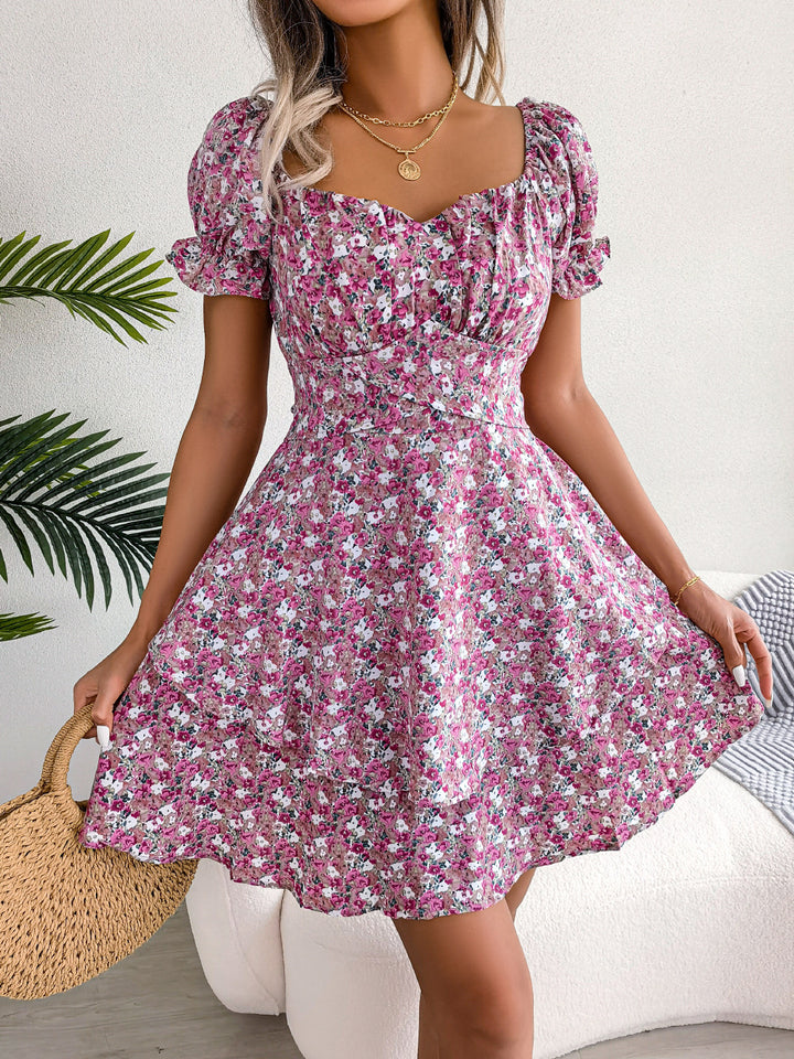 Womens Floral Puff Sleeve Mini Dress